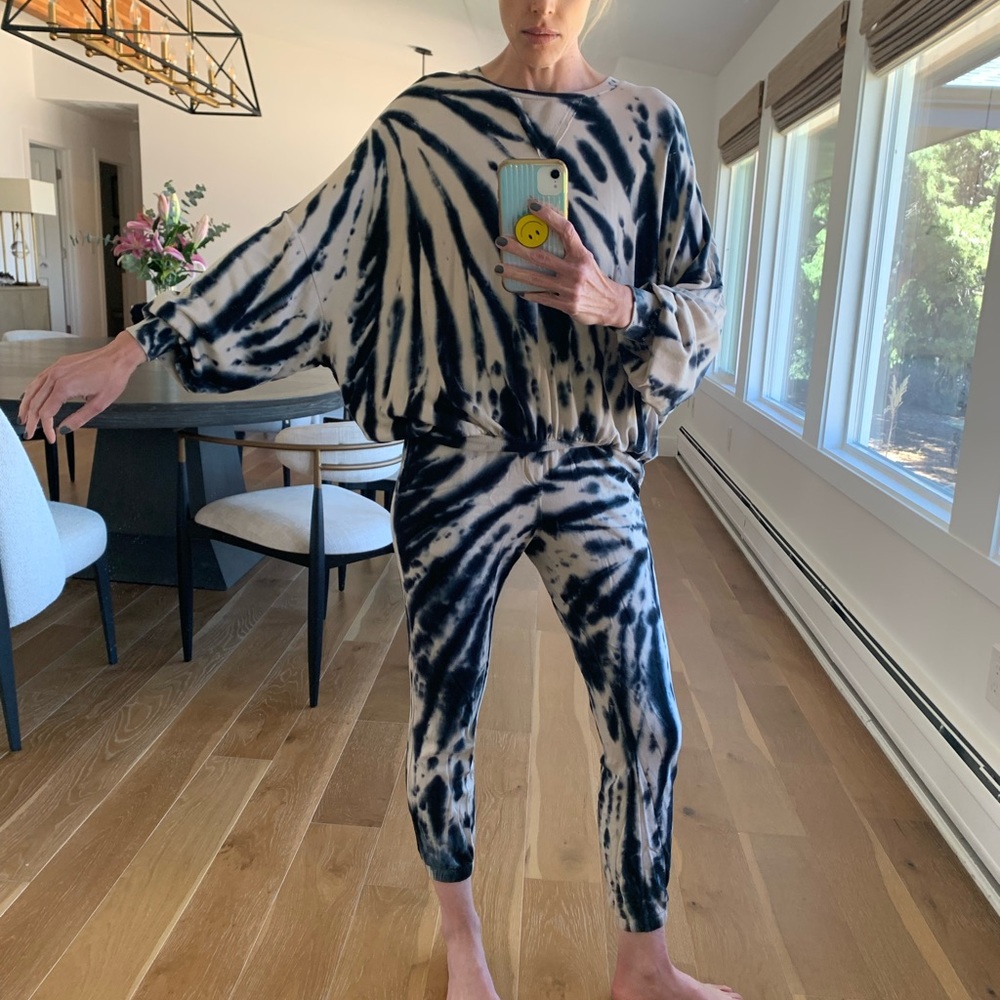 young fabulous and broke tie dye sweatsuit blue and cream